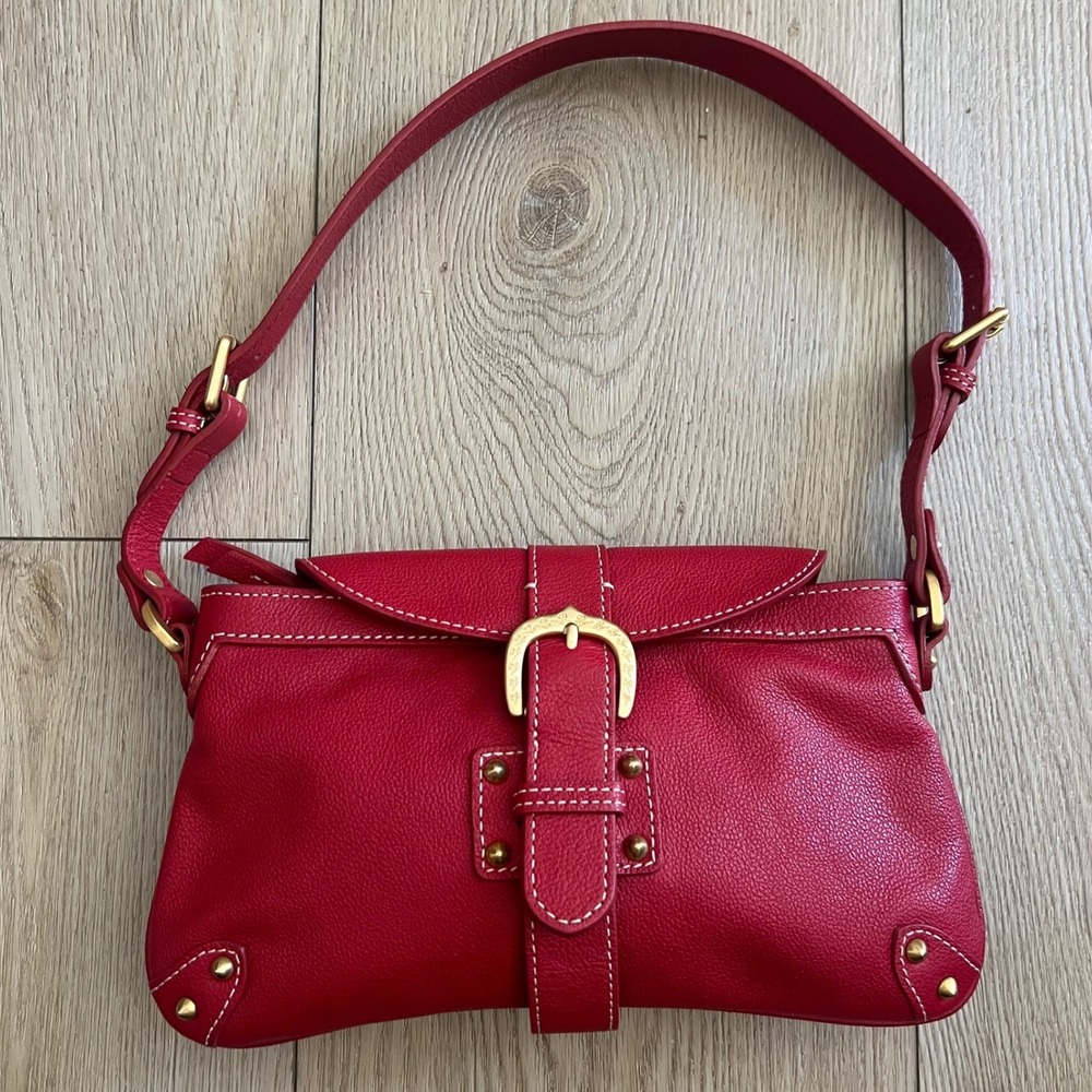 Dooney & Bourke Red Pebbled Leather Baguette Shoulder Bag Gold Buckle Studded